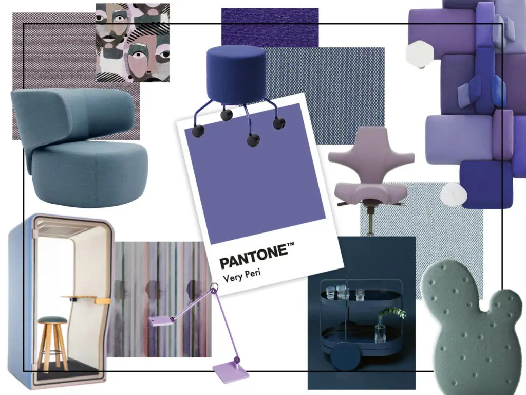 Pantone-Farbkarte "Very Peri" und Einrichtungsgegenstände in Blau-, Lila- und Grautönen