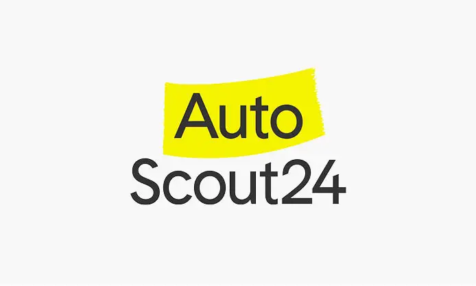 AutoScout24-Logo auf weißem Hintergrund, "Auto" in gelbem Bereich, "Scout24" unten in Schwarz