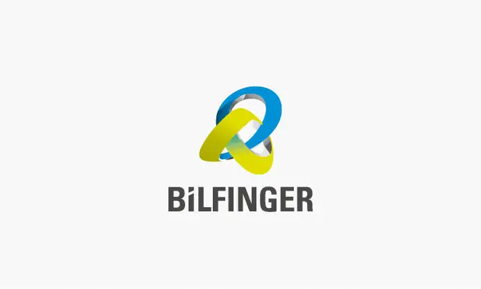 Logo von BILFINGER mit verschlungenem blau-gelben Design auf weißem Hintergrund