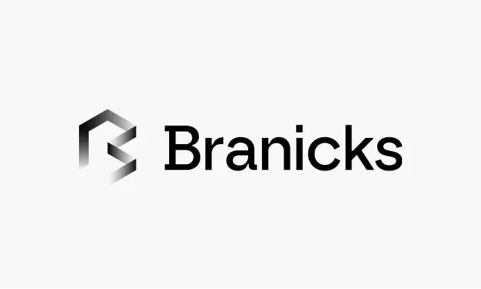 Logo mit stilisiertem Symbol eines 3D-Buchstaben "B" sowie Markenname "Branicks" auf weißem Hintergrund