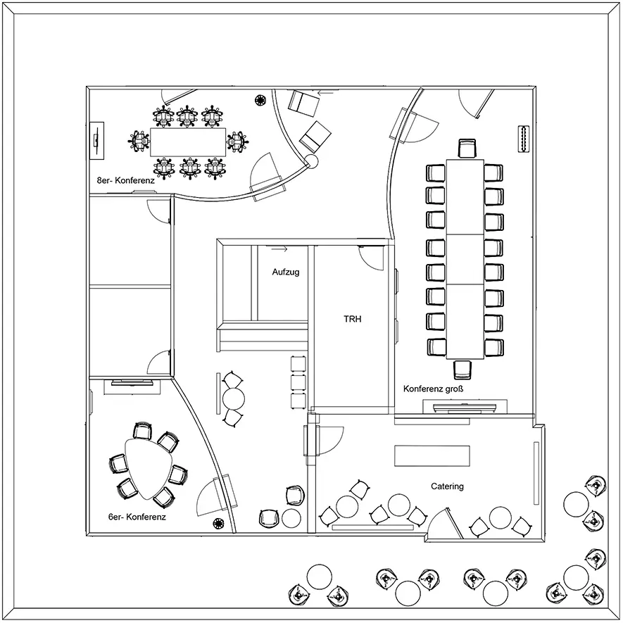 Grundriss mit zwei mittelgroßen Konferenzräumen, Catering-Ecke, Empfangsbereich und Aufzug.