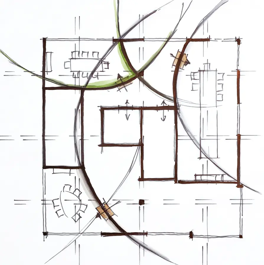 Handgezeichneter Grundriss mit Räumen, Möbeln, Pfeilen und grünen sowie braunen Hervorhebungen.