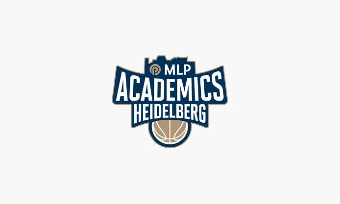 MLP Academics Heidelberg Logo mit stilisiertem Basketball und Stadtsilhouette im Hintergrund