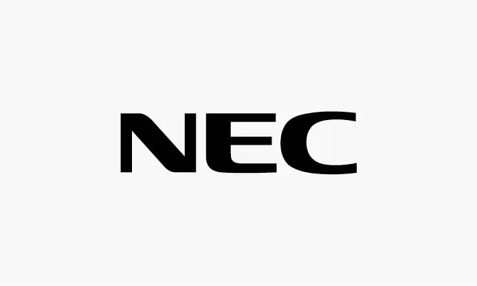 NEC-Logo eines internationalen Technologieunternehmens in schwarzen Buchstaben auf weißem Hintergrund.