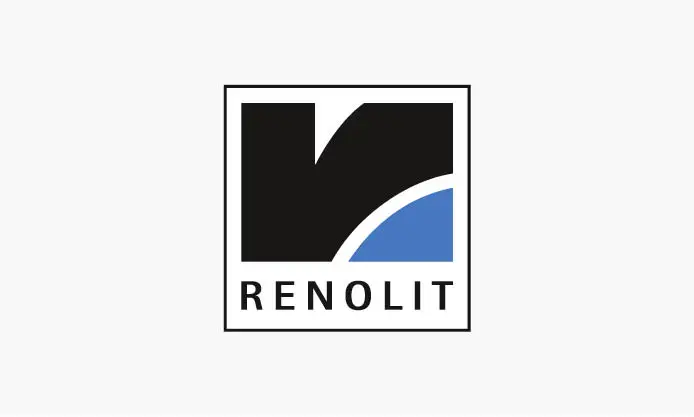 Logo der RENOLIT bestehend aus schwarzem Abstraktsymbol und blauem Segment in schwarzem Rahmen.