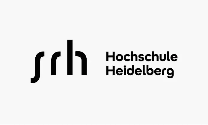 "srh"-Kürzel links, Schriftzug "Hochschule Heidelberg" rechts, schwarzer Text auf weißem Hintergrund.